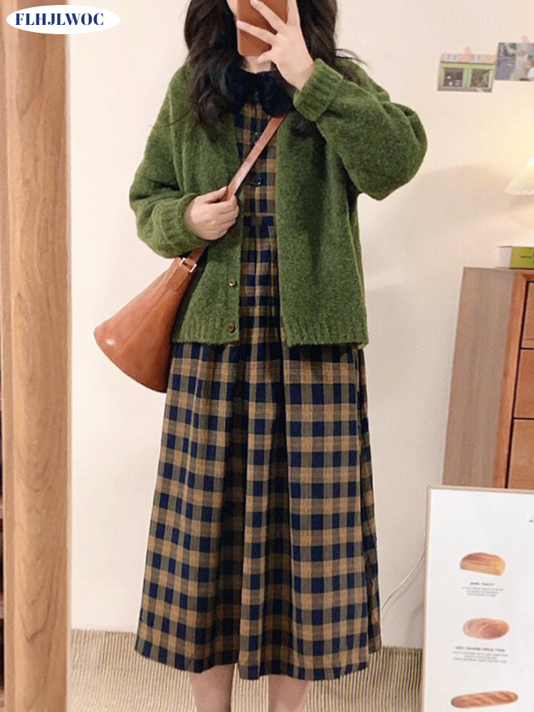 Vintage Fashion Korea - Vestidos a cuadros de café para