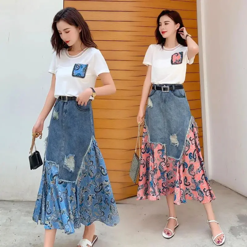 Denim Skirt Midi Vintage - Faldas largas de cintura alta para