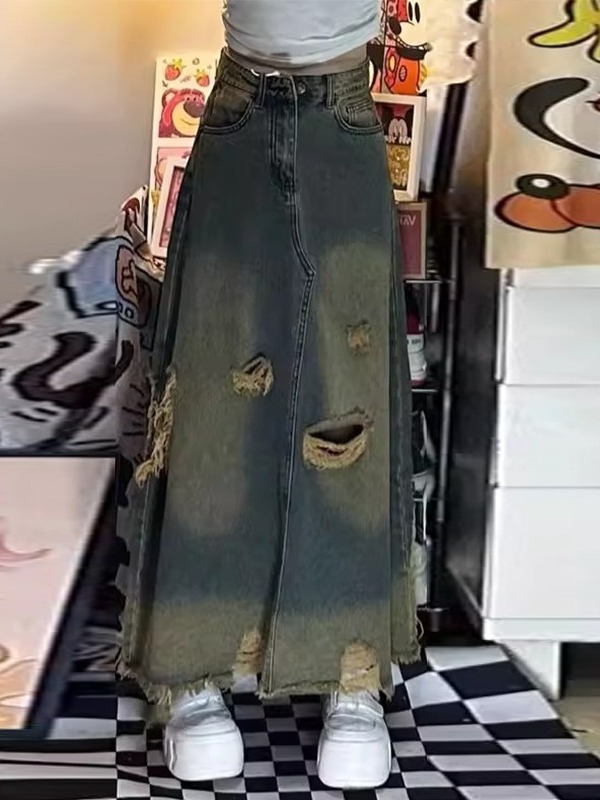 Denim Skirt Midi Vintage - Falda vaquera midi de cintura alta