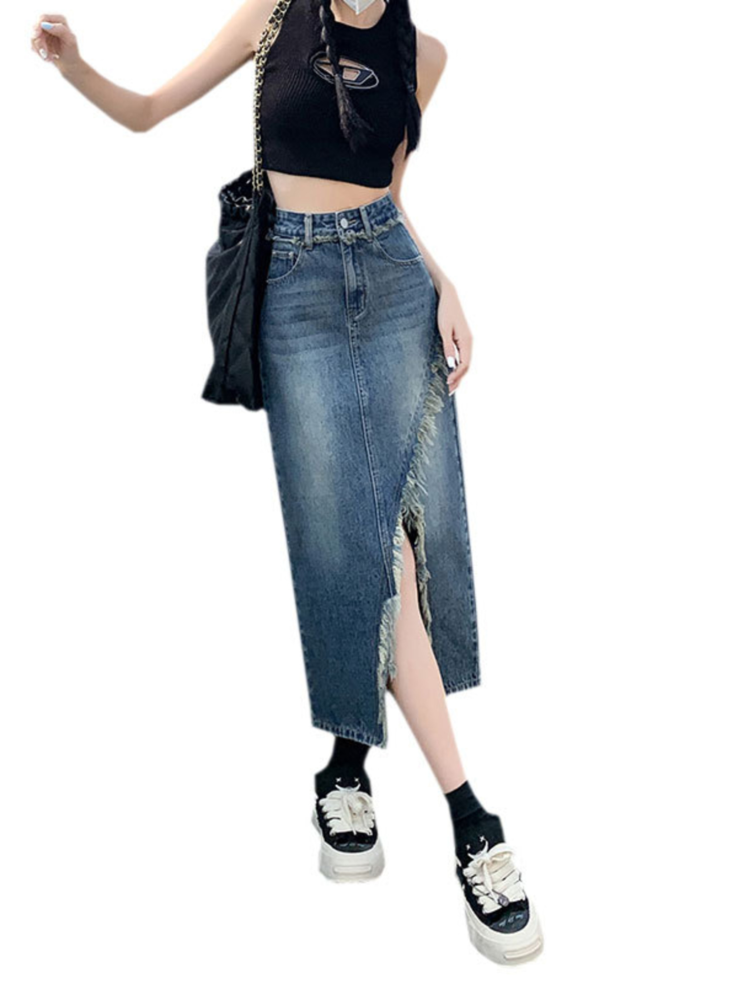 Falda vaquera de cintura alta  - Denim Skirt Midi Vintage reseña y precio