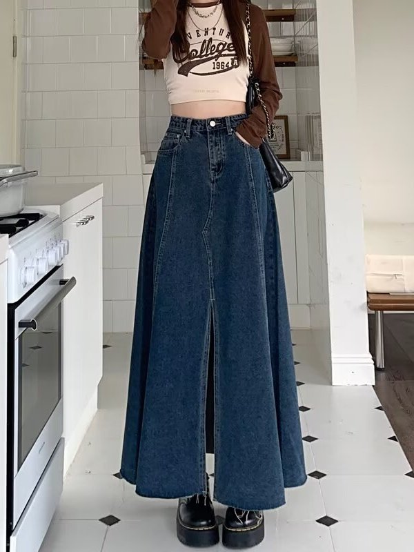 Falda vaquera de cintura alta  - Denim Skirt Midi Vintage reseña y precio