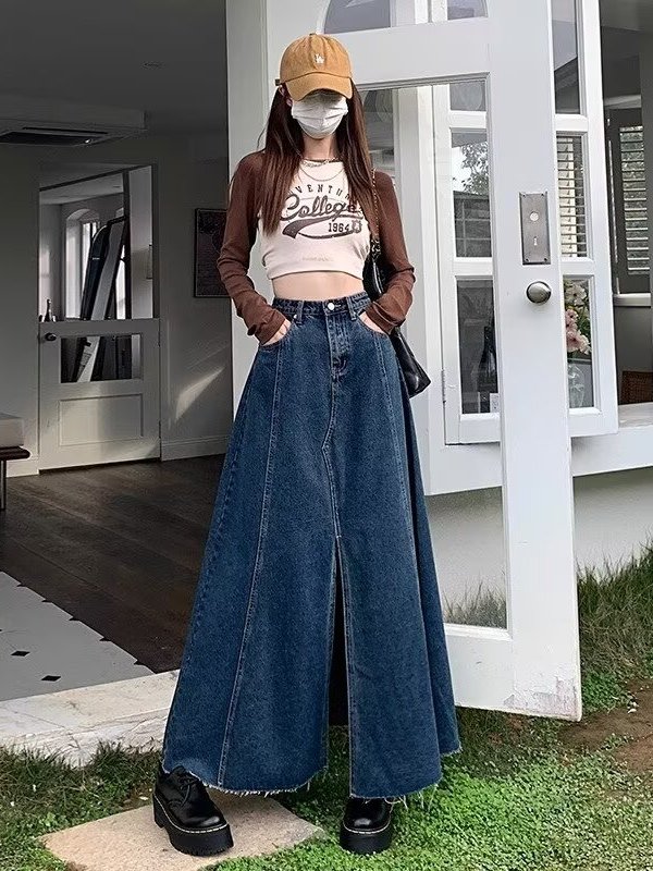 Falda vaquera de cintura alta  - Denim Skirt Midi Vintage reseña y precio